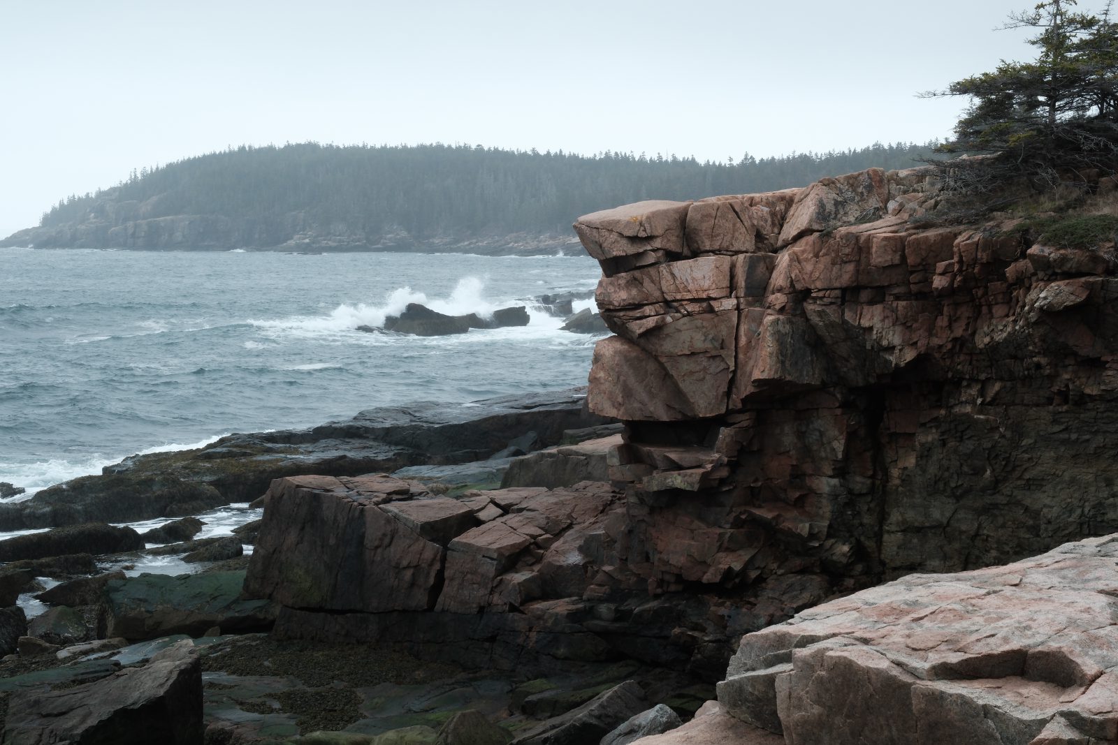 Stone seashore with a large vertical formation that looks somewhat like a face
